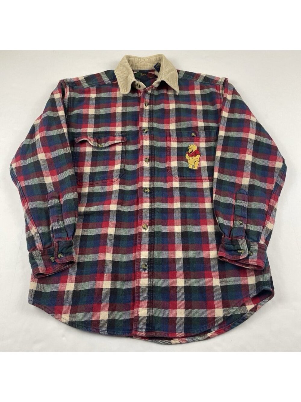 Disney Winnie The Pooh Flannel Shirt Men’s S Plaid Button Up Corduroy Collar